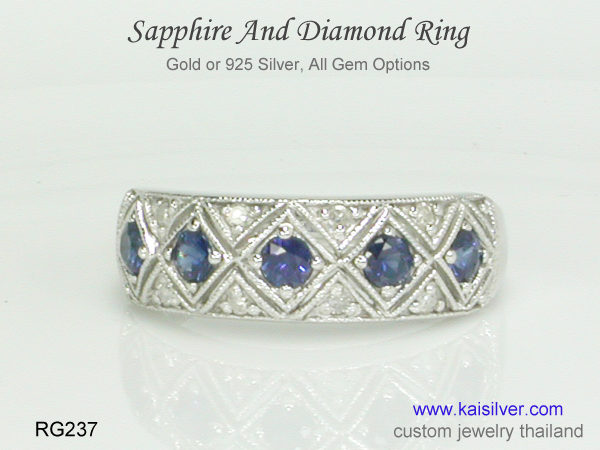 white gold sapphire band ring with diamonds